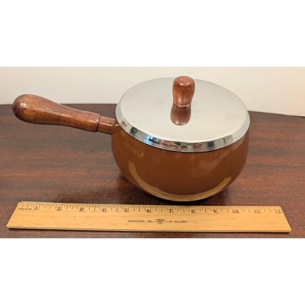 Vintage 1970s Brown Enamel Fondue Pot 6 Color Coded Forks Wood Handles Retro